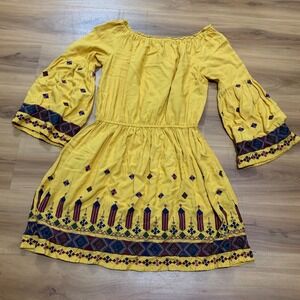 EARTHBOUND TRADING CO. Sz M Yellow‎ Off Shoulder Embroidered Bell Sleeve Dress
